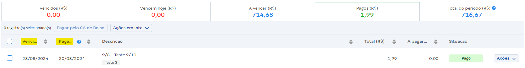 Tela de Contas a pagar com destaque para os campos Vencimento e Pagamento.