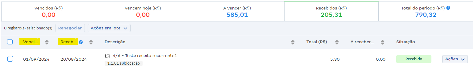 Tela de Contas a pagar com destaque para os campos Vencimento e Recebimento.