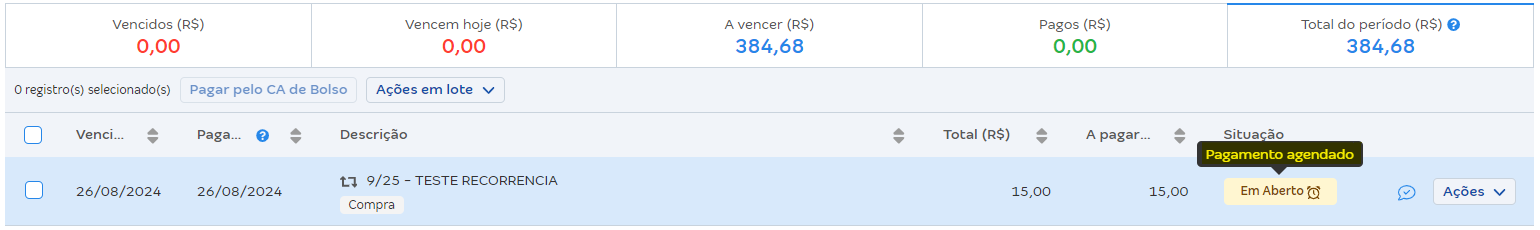 Tela de contas a pagar com destaque para a Situação Em aberto.