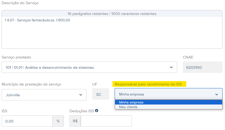 Tela de rascunho da NFS-e com destaque para o campo Responsável pelo recolhimento do ISS.