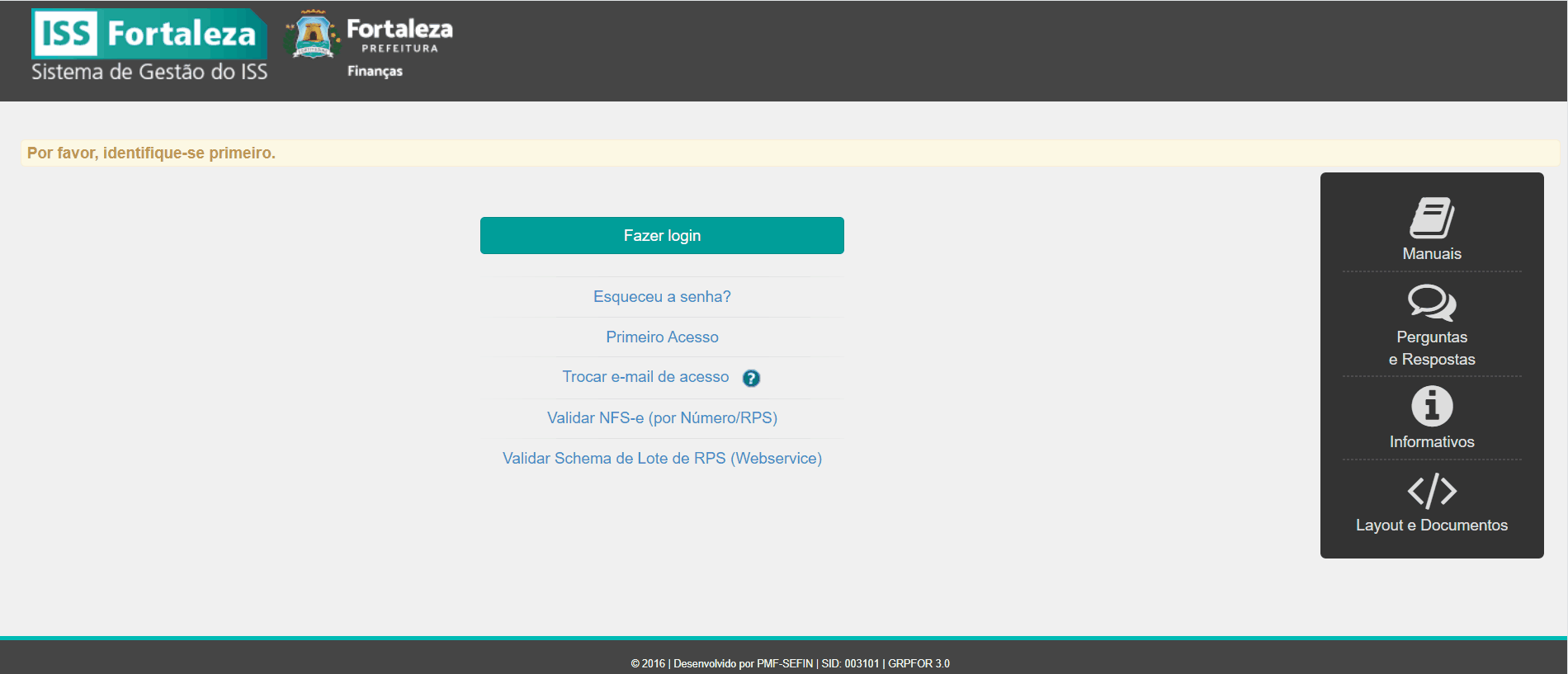 Tela de login no portal da prefeitura.