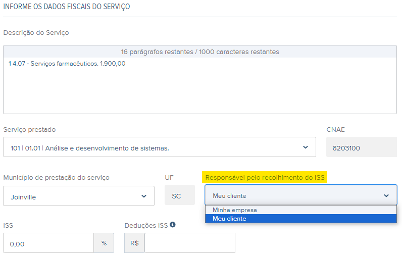 Tela com destaque para o campo Responsável pelo recolhimento do ISS no rascunho da NFS-e.