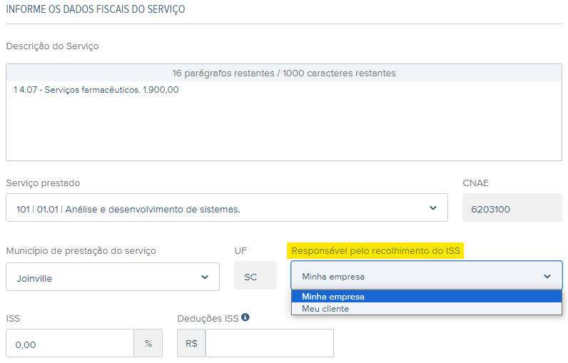 Tela de rascunho da NFS-e com destaque para o campo Responsável pelo recolhimento do ISS.
