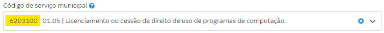 Tela de cadastro do serviço com destaque para o campo Código de serviço municipal.