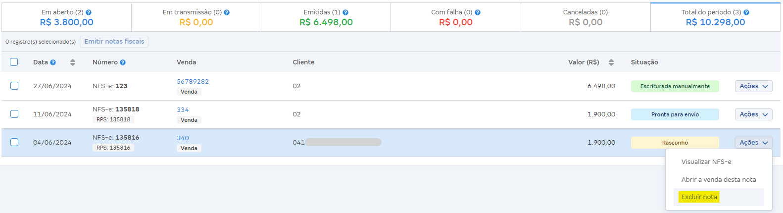 Tela de notas fiscais de serviço com destaque para o botão Excluir NFS-e.