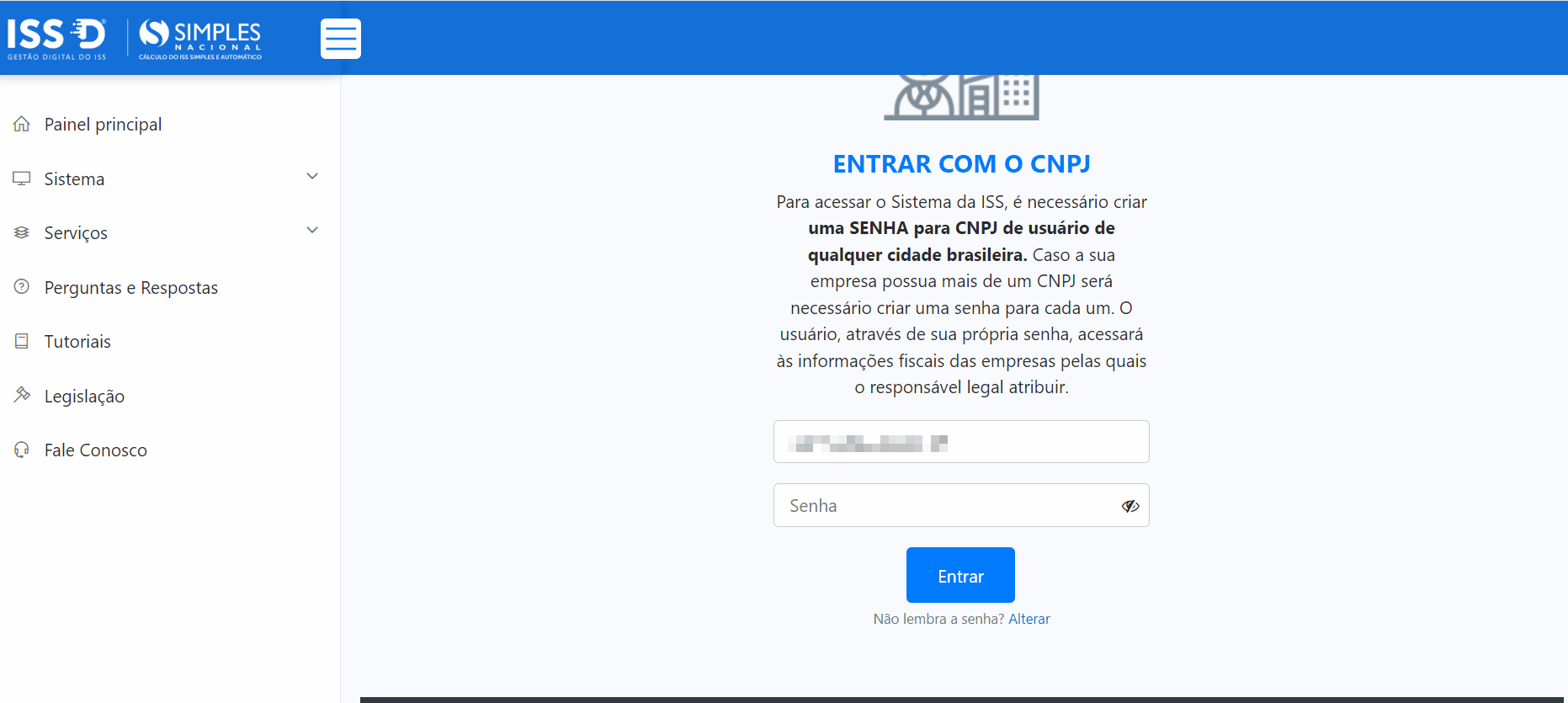 Tela de login no portal da prefeitura.