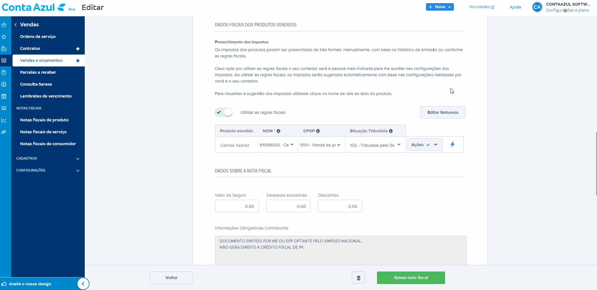 PDF da NF-e da nota fiscal de ativo imobilizado com destaque para a natureza de operação Venda de mercadorias produtos.