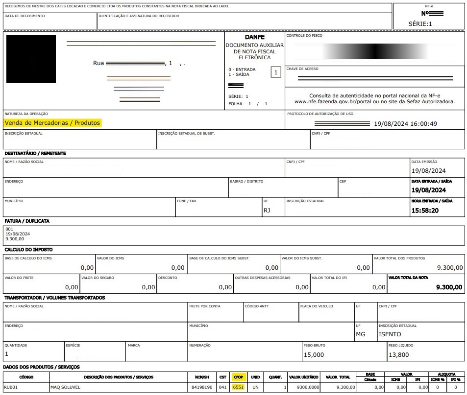 Rascunho da nota fiscal de venda de ativo imobilizado com destaque para os dados do destinatário.