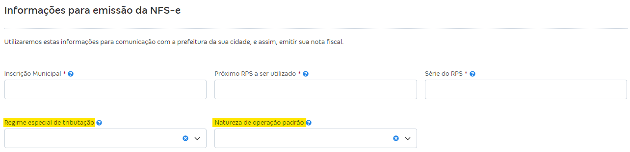 Tela com destaque para os campos Natureza de operação padrão e Regime especial de tributação nas configurações da NFS-e.