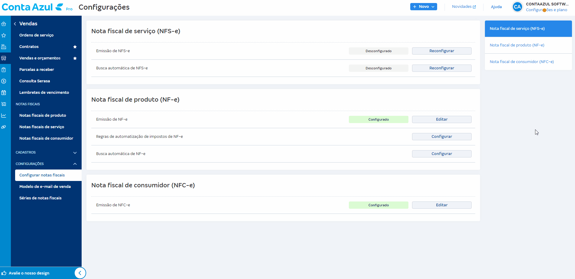 Tela de Configurar notas fiscais e preenchimento de Próximo RPS a ser utilizado.