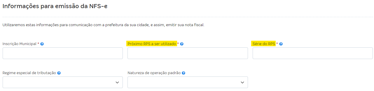 Tela de configurações de NFS-e com destaque para os campos Série do RPS e Próximo RPS a ser utilizado.