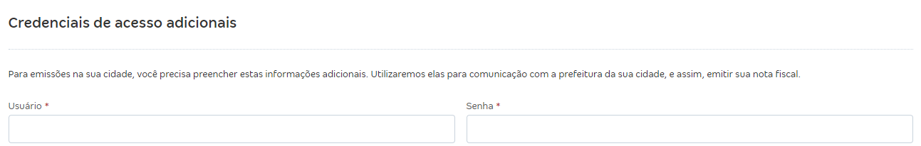 Tela com destaque para o campo Credenciais de acesso adicionais nas configurações de NFS-e.