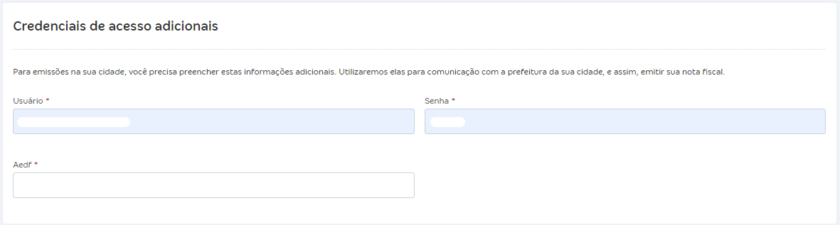 Tela de configurações de NFS-e com destaque para o campo credenciais de acesso adicionais.