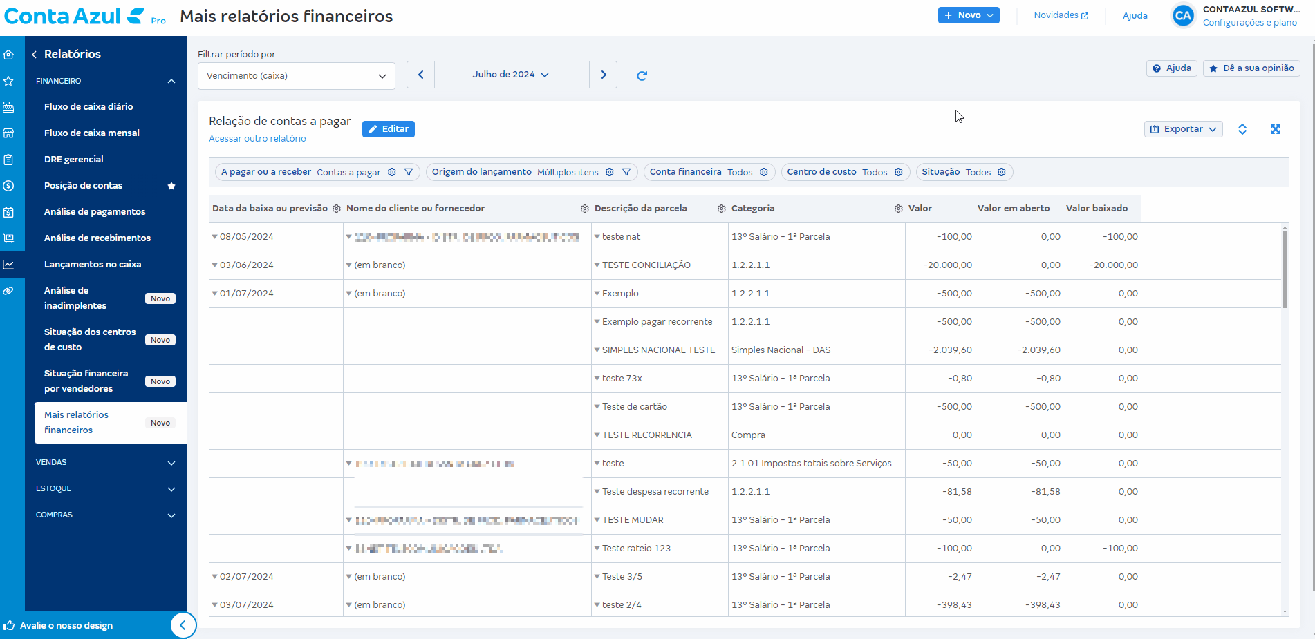 Passo a passo para acessar relatório de relação de contas a pagar em Mais relatórios financeiros.
