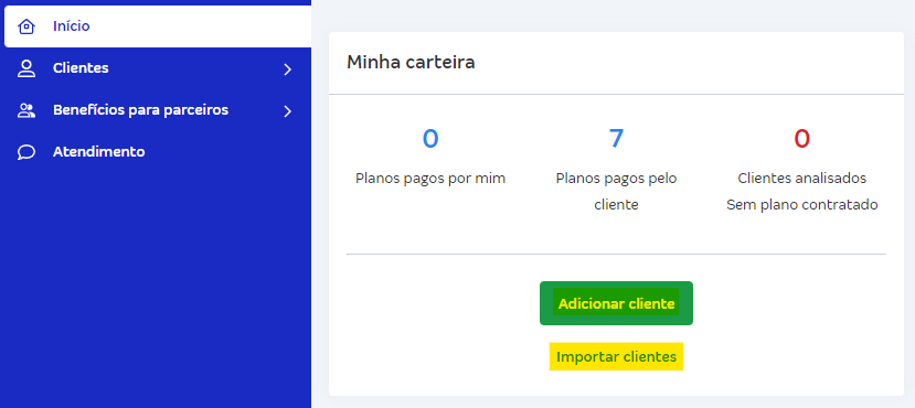 Tela de início da Conta Azul com destaque para os botões Adicionar cliente e Importar clientes.