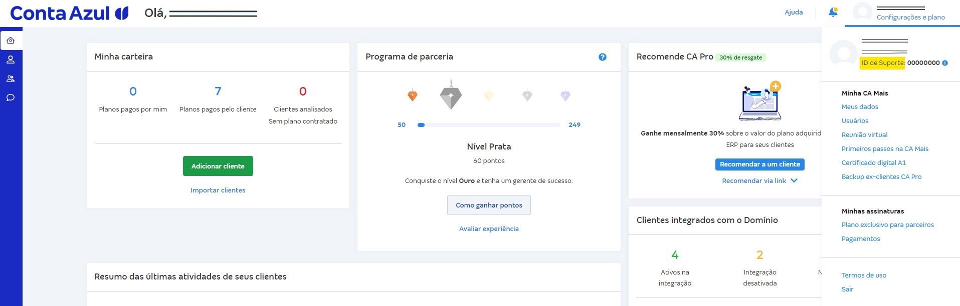 Tela de Configurações e plano com destaque para o campo ID de Suporte.