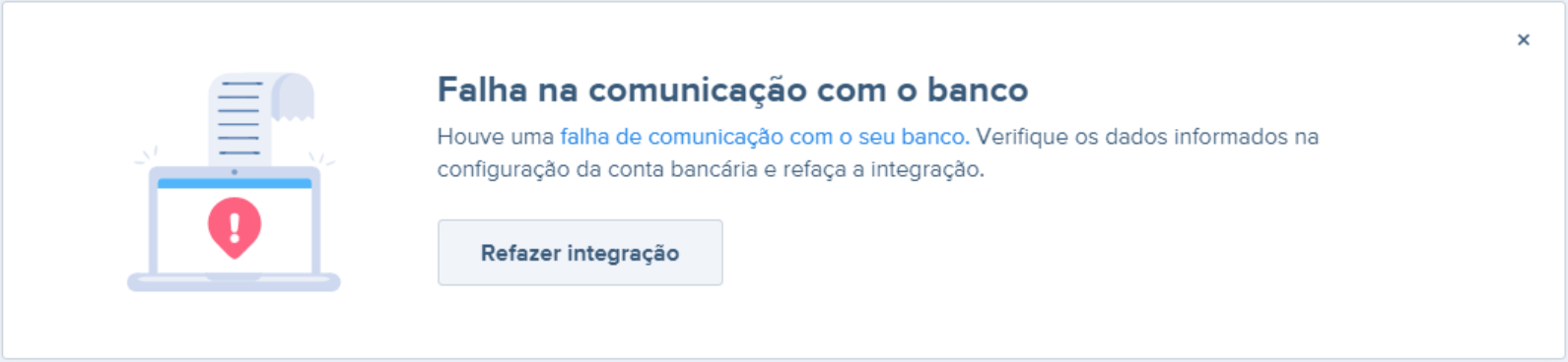Tela com erro Falha na comunicação com o banco na integração bancária automática.