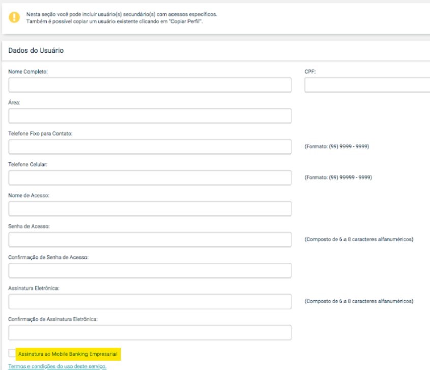 Tela do internet banking do Santander com destaque para o campo Assinatura ao Mobile Banking Empresarial.