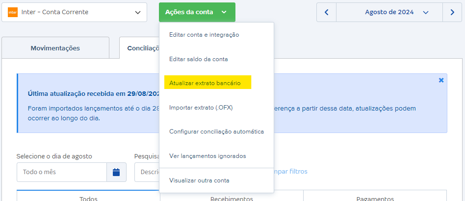 Tela da conta bancária com destaque para os botões Ações da conta e Atualizar extrato bancário.