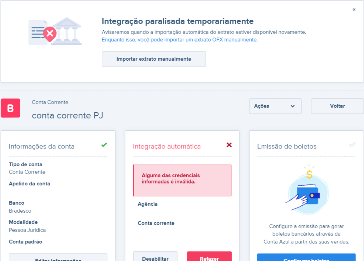 Tela de erro Integração paralisada temporariamente na integração bancária automática.
