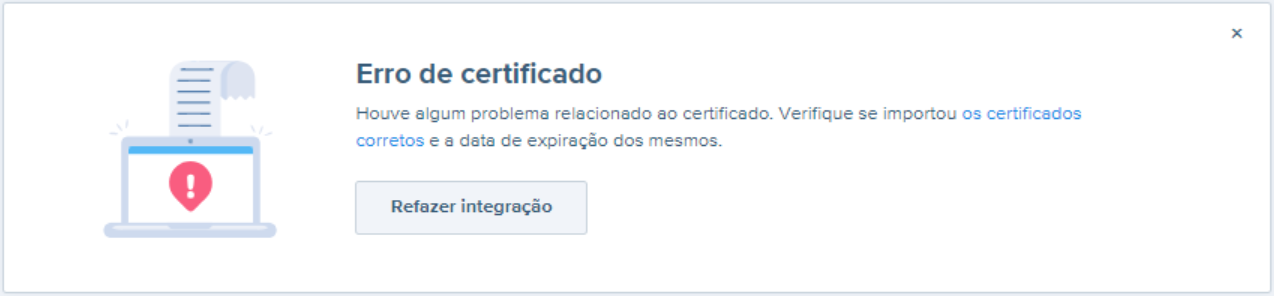Tela de erro Erro de certificado na integração bancária automática.
