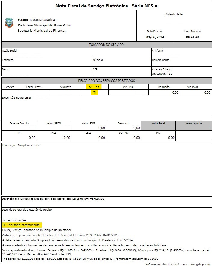 Tela para consulta da Natureza de operação padrão no padrão IPM.