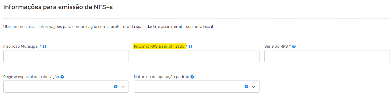 Tela de Configurar notas fiscais e preenchimento de Próximo RPS a ser utilizado.