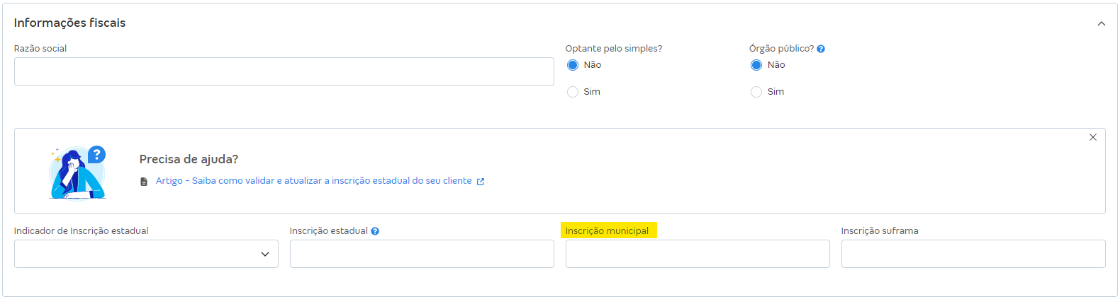 Tela com destaque para o campo Inscrição municipal nas configurações de NFS-e.
