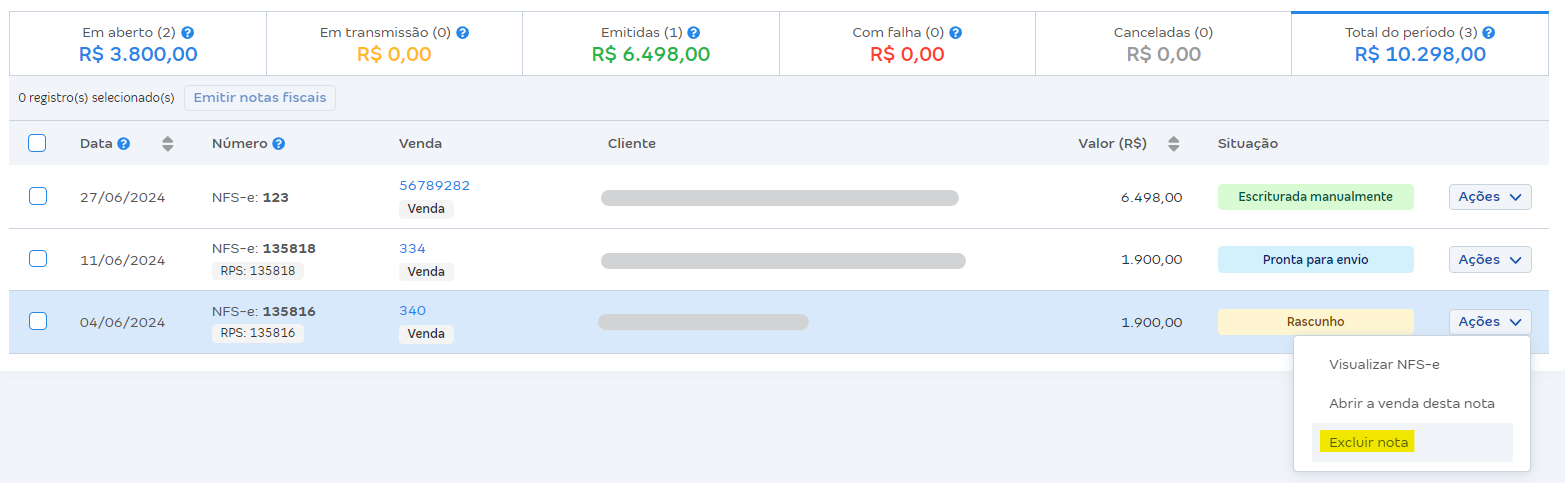 Tela de notas fiscais de serviço com destaque para o botão Excluir NFS-e.
