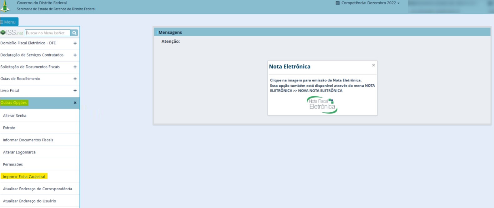 Tela do padrão Iss.net com destaque para o campo Imprimir Ficha Cadastral.