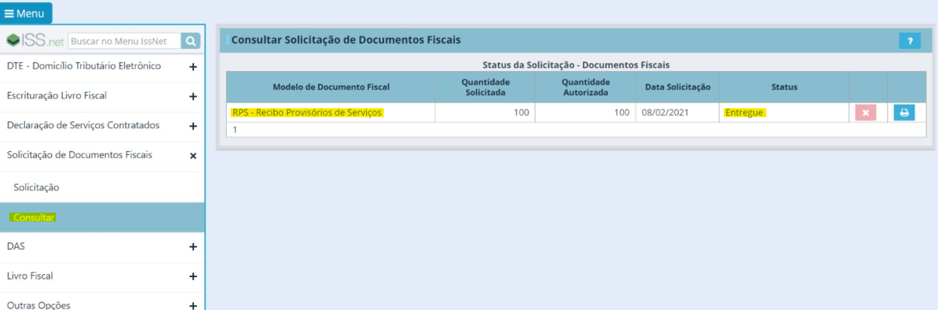 Tela do padrão Iss.net com destaque para o campo de consulta da Solicitação de documentos fiscais.