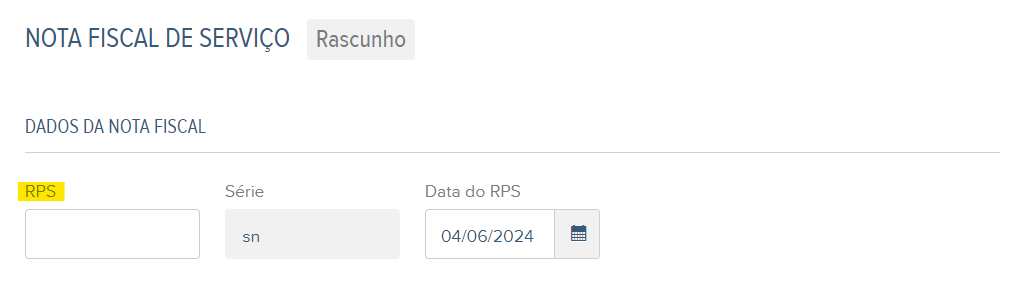 Tela de rascunho da NFS-e com destaque para o campo RPS.