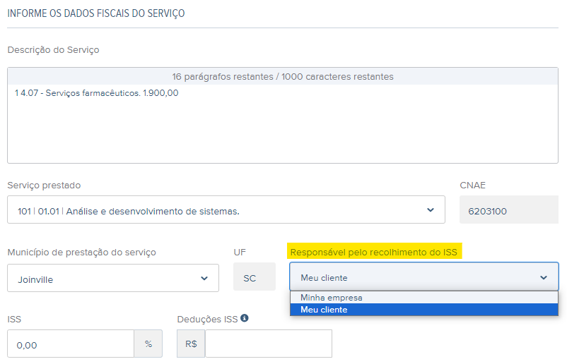 Tela de rascunho da NFS-e com destaque para o campo Responsável pelo recolhimento do ISS.