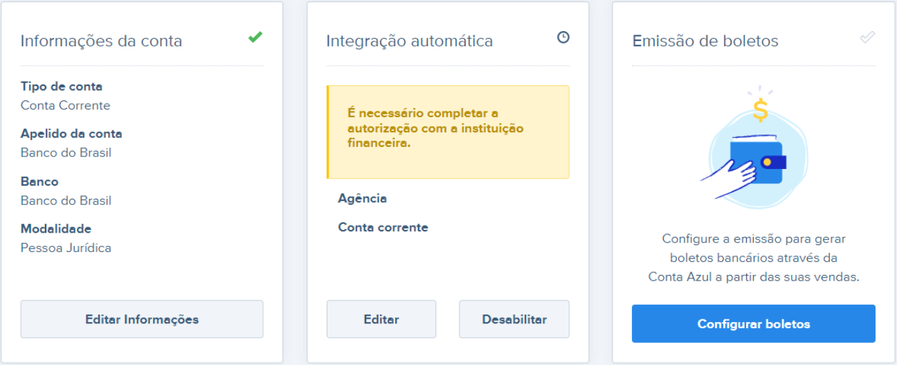 Tela da conta bancária com erro É necessário completar a autorização com a instituição financeira.