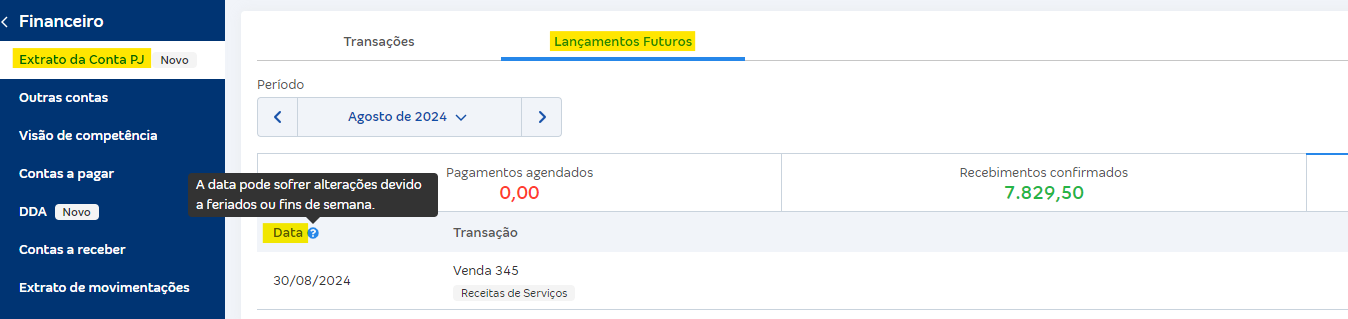 Tela do Extrato da Conta PJ com destaque para os campos Data e Lançamentos futuros.