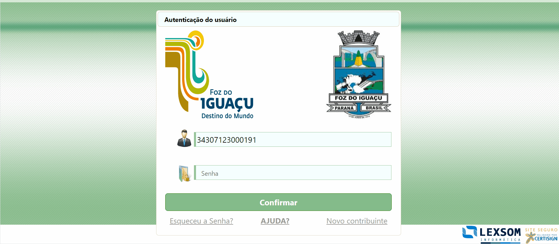 Tela de login no portal da prefeitura.