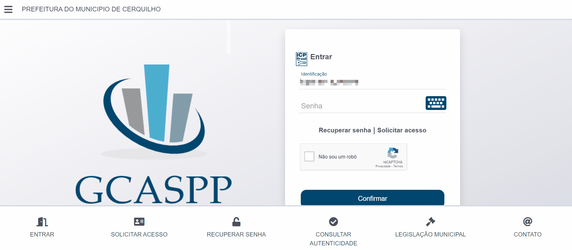 Tela de login no portal da prefeitura.