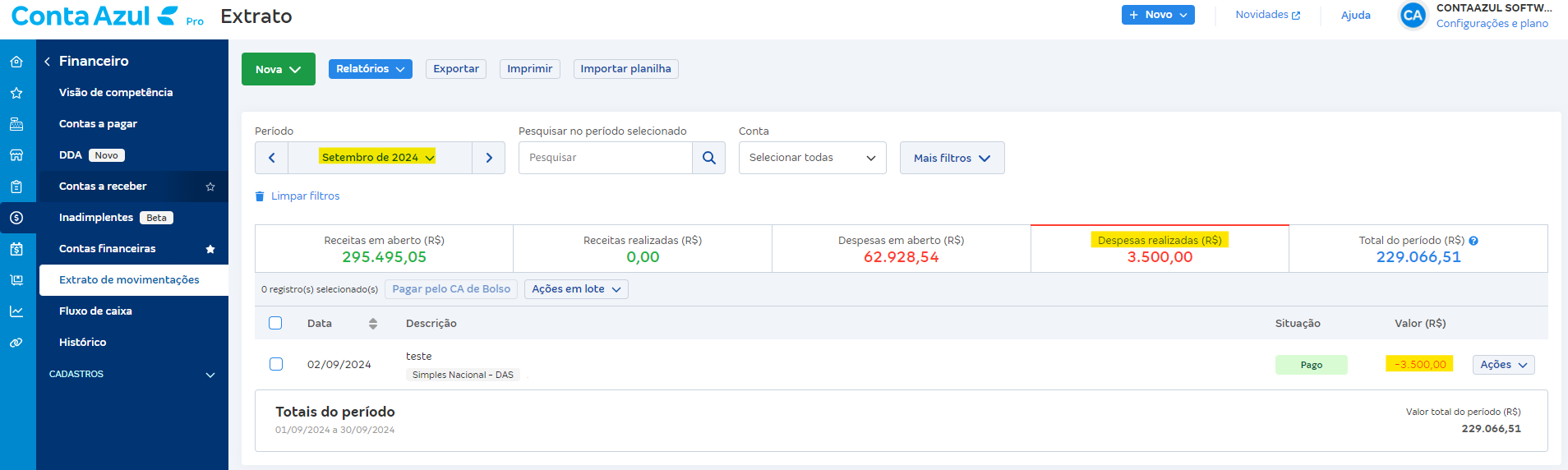 Tela do Extrato de movimentações com destaque para o Período, Despesas realizadas e Valor R$.