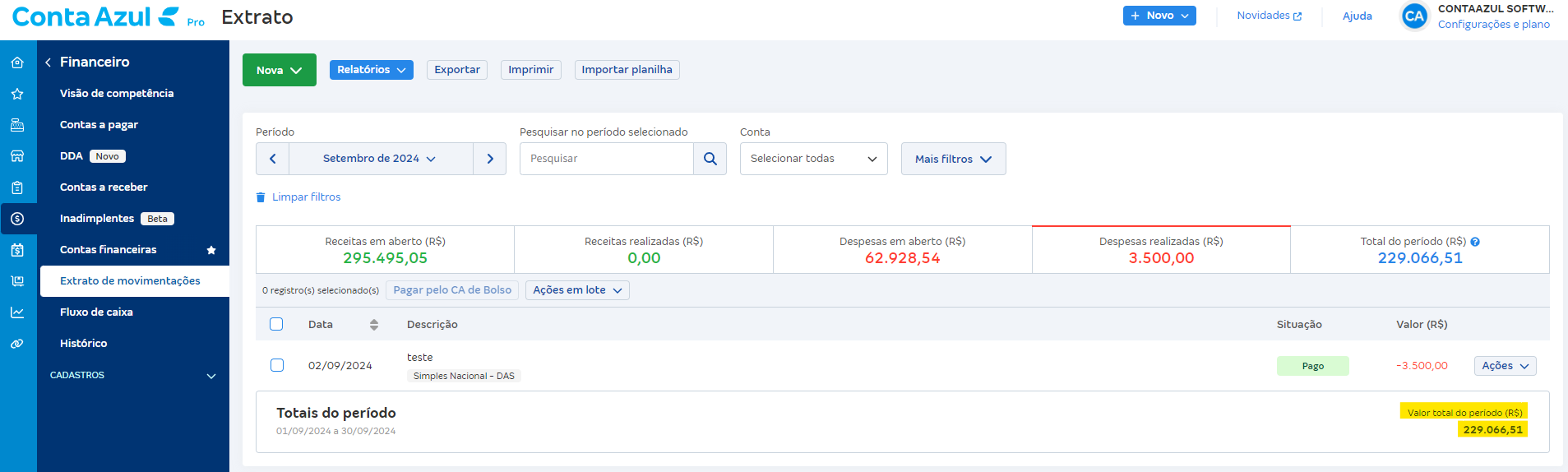Tela do Extrato de movimentações com destaque para Valor total do período R$.