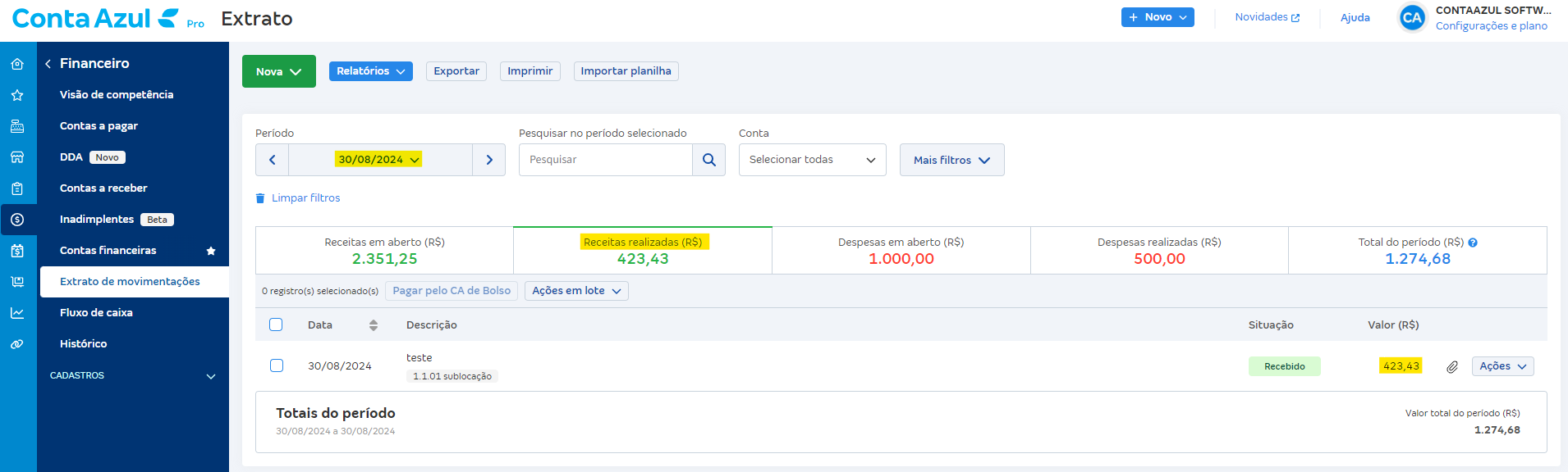 Tela do Extrato de movimentações com destaque para o Período, Receitas realizadas e Valor R$.