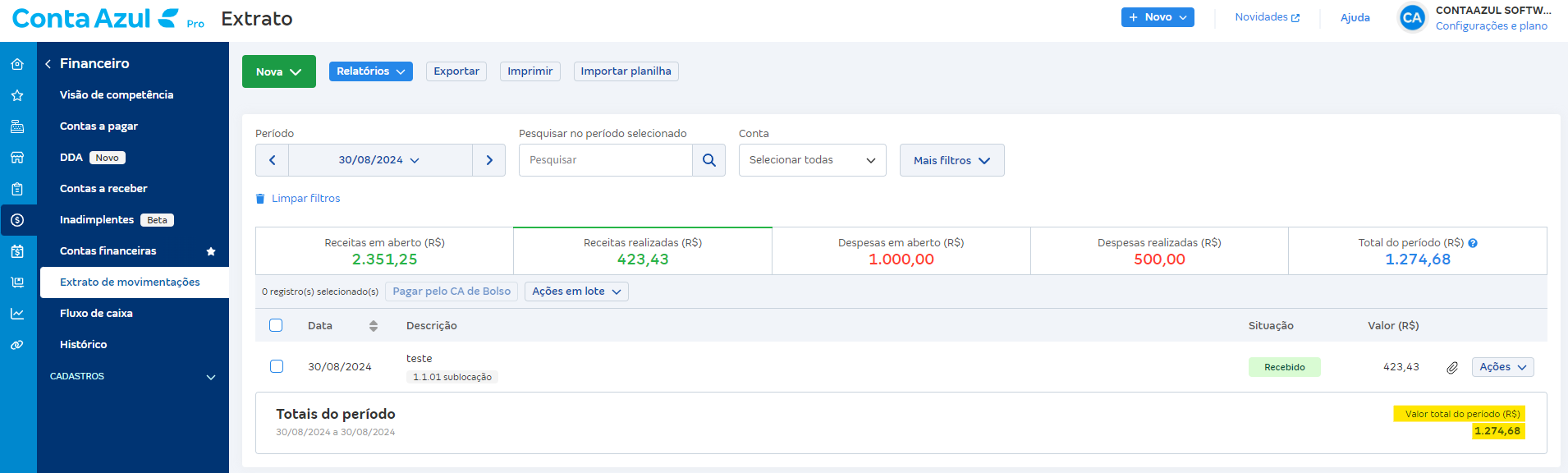Tela do Extrato de movimentações com destaque para Valor total do período R$.
