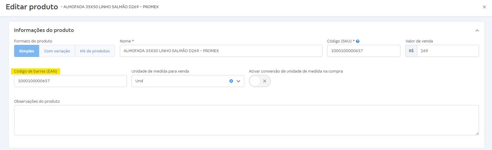 Tela de cadastro do produto com destaque para o campo Código de barras (EAN).