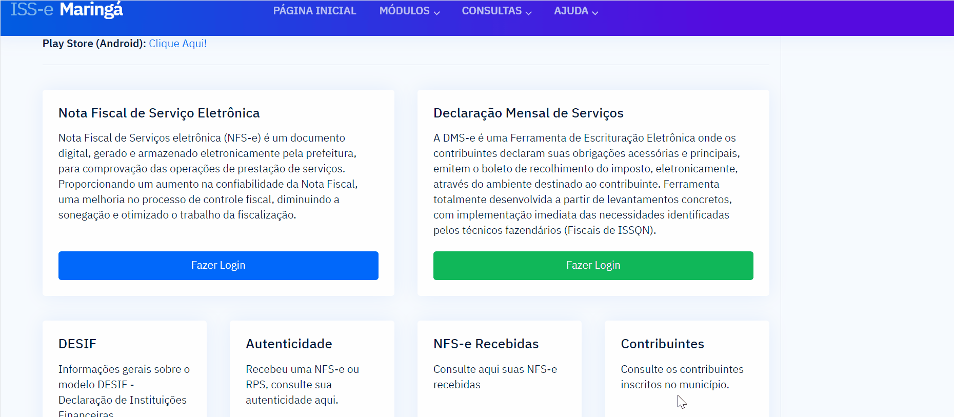 Tela de login no portal da prefeitura.