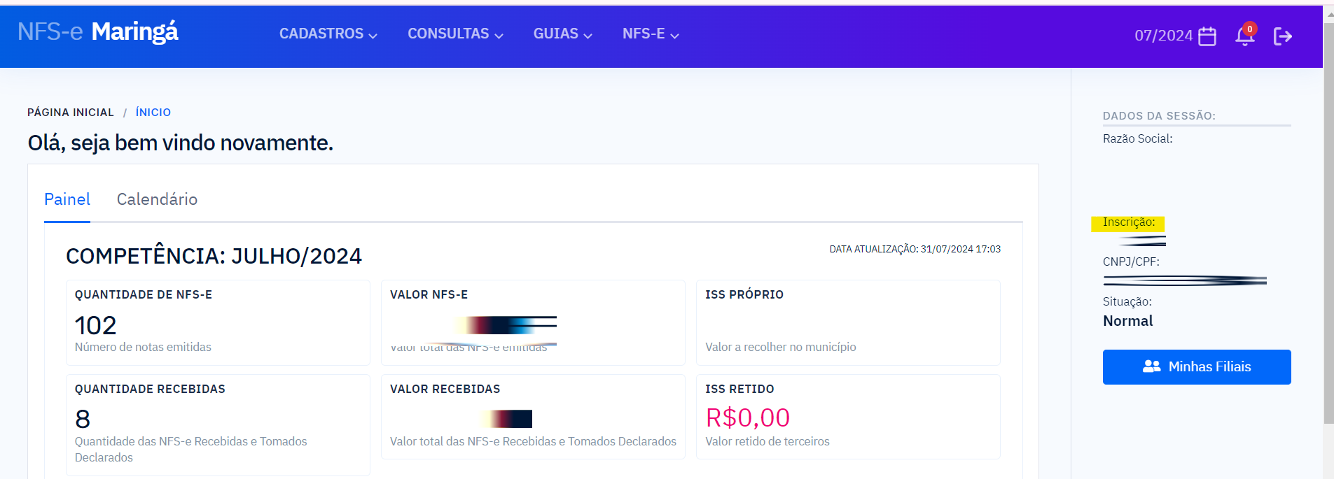 Tela para consulta da Inscrição Municipal no padrão ISSe.