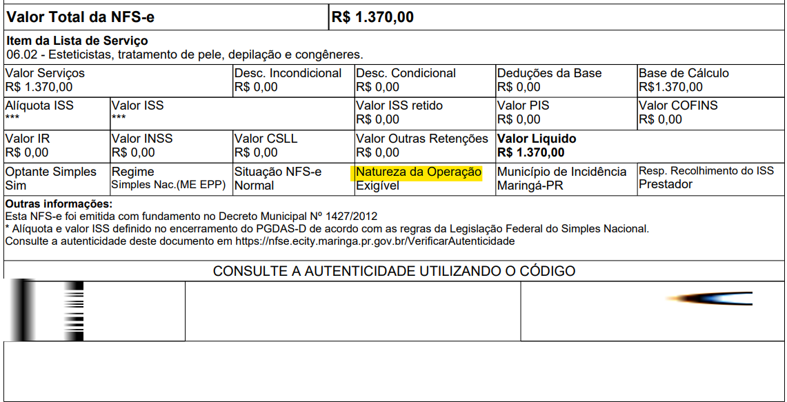Tela para consulta da Natureza de operação padrão no padrão ISSe.