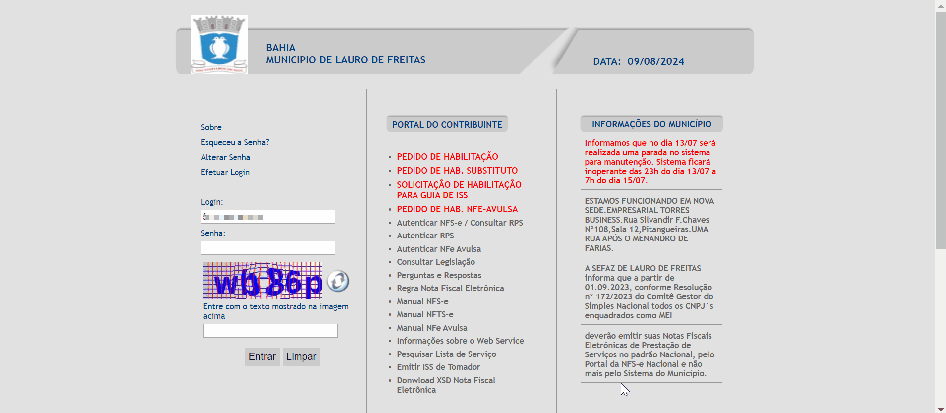 Tela de login no portal da prefeitura.