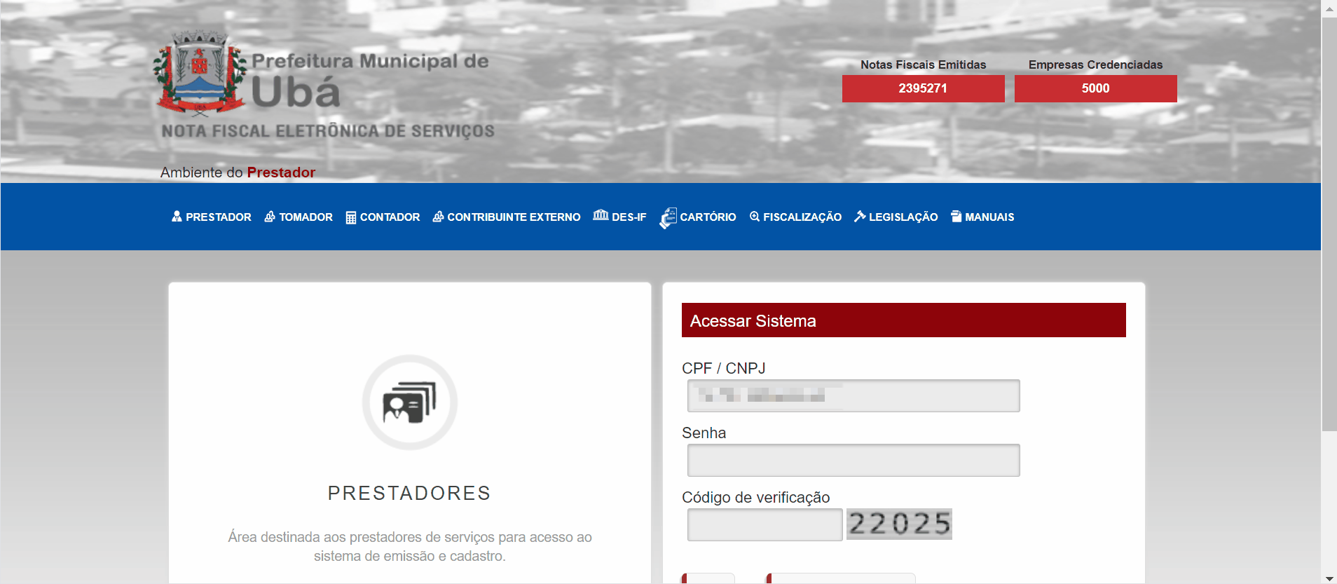 Tela de login no portal da prefeitura.