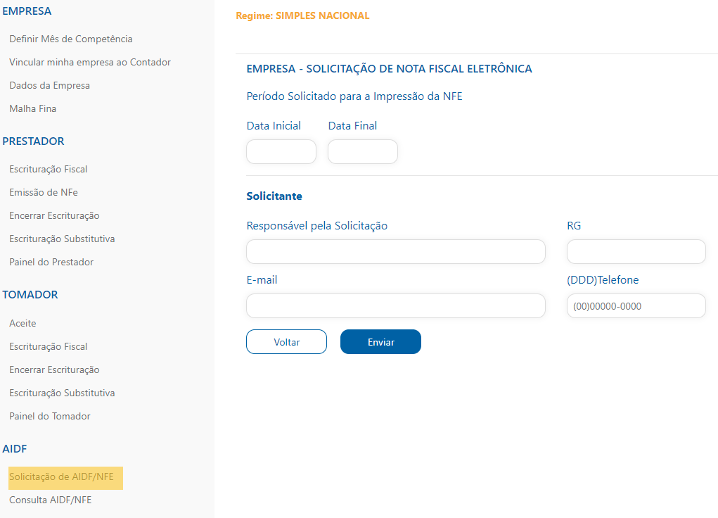 Tela para solicitação de AIDF do padrão ISS4R.
