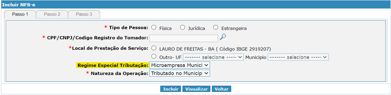 Tela para consulta do Regime especial de tributação no padrão Metrópolis.