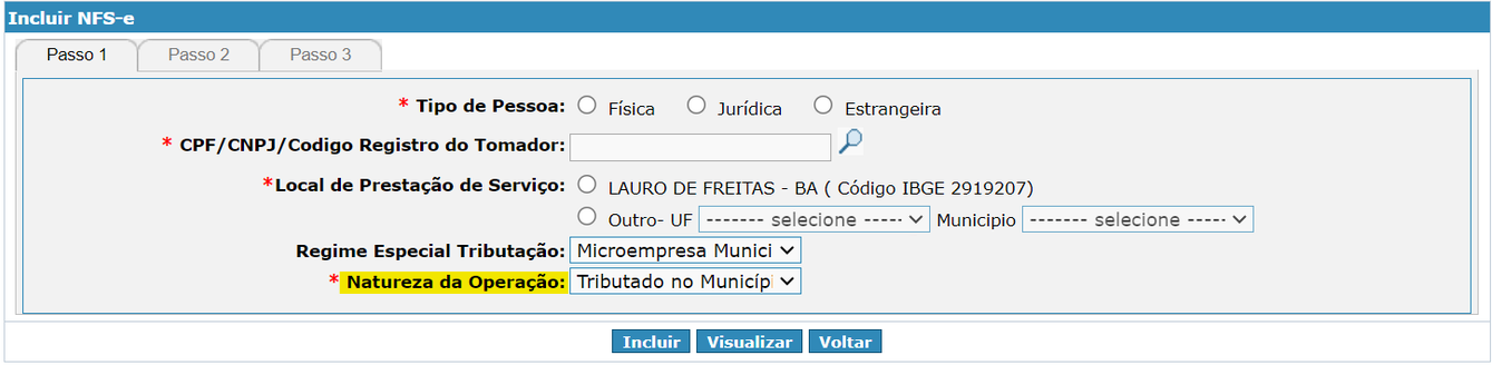 Tela para consulta da Natureza de operação padrão no padrão Metrópolis.